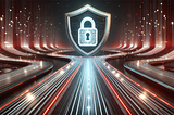 A futuristic digital road made of glowing data streams leading to a metallic shield with a glowing lock at its center, symbolizing cybersecurity and controlled access. The background features a dark, high-tech gradient with red and silver tones.