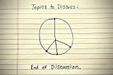 On a note pad it is written, ‘Topics to Discuss’ then Peace symbol, followed by ‘End of Discussion’