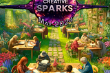 A park with writers in a sunny May day, Creative sparks logo.