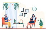 Man talking to therapist in her office. patient sitting in armchair and speaking