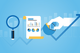 An illustration showing a magnifying glass, a business report and an upward trend graph