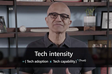 Satya Nadella talking about tech intensity which is take adoption multiplied by tech capability exponential times to trust