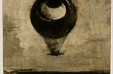 This is a picture of the painting “Eye Balloon” by Odilon Redon. It’s an eye inside of a hot air balloon, looking upward, with sharp, dark spikes around the top of the eye/baloon.