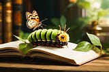 A catterpillar on top of a book with a butterfly on her back!