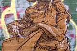 Charcoal drawing of a woman reaching into a seed bag on craft paper pasted over a graffiti mural brick wall “Sally Sows”