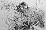 A drawing of an artichoke, pen and ink on paper.