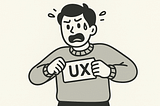 Unhappy designer ripping off the UX tag off their sweater.