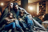 A family of four huddled together in an underground storm shelter.