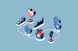 Isometric map of consumer journey with illustrated touchpoints.