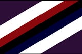 image description: a flag with seven diagonal stripes. from top to bottom they are: dark purple, white, red, black, dark blue, white, dark purple. the purple stripes are widest and within the borders of the flag form mirror scalene right triangles in the top left and bottom right corners. The white stripes are half as wide as the dark purple, and the red, black, and dark blue stripes are half as wide as the white.