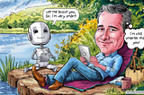 A humorous caricature-style illustration showing a man relaxing by a scenic lake under the trees while using a tablet. Beside him, a friendly robot also holding a tablet cheerfully says, “Let me assist you, Sir. I’m very smart!” The man smirks and thinks to himself, “I’m still smarter than you!” Both characters are surrounded by nature, with bright greenery, water, and a peaceful setting, contrasting with the subtle tension of the dialogue.