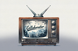 Artistic representation of an old-fashioned television on a subtle background. The TV has a ‘Center for Cooperative Media’ logo at the bottom. Its screen prominently features the word ‘Collaborator’ in stylized cursive against a pixelated backdrop. This vintage model includes rabbit ear antennas and side dials labeled for ‘Tint,’ ‘Color,’ and ‘Channel.’ The illustration may symbolize the collaboration in media or the evolution of media technology.
