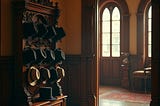 An ornate, wooden hat rack in the entry way of a nice home