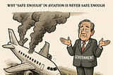 A political cartoon shows a crashed airplane with smoke pouring out of it. Next to the wreckage, a man in a business suit labeled “GOVERNMENT” shrugs indifferently, palms up, as if nothing can be done. Above him, bold text reads: “STOP SHRUGGING OFF AIRPLANE CRASHES — Why ‘Safe Enough’ in Aviation Is Never Safe Enough.” The image satirizes government complacency about aviation safety.