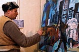 Hans Heiner Buhr painting Pack Horses New York City in his studio in Old Tbilisi in 2012.