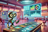 A 3d cartoon of futuristic control room featuring a small robot with large, expressive eyes standing at a console, interacting with various data panels.