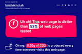 Screenshot from the Website Carbon Calculator showing this web page is dirtier than 52% of web pages test and produces 0.5g of CO2