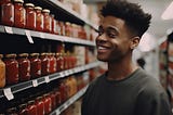 A young, smiling, dark young man, looking at all the different pasta sause jars in the isle of a supermarket.