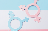 A trans flag background (blue, white and pink) with two trans symbols on top. One in blue and one in pink.