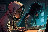 A comic / drawing showing two awesome pair-programmers working at a computer at night time.