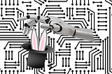 A floating robotic hand reaches to pull a rabbit from a top hat over a stylised circuitry background
