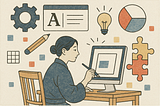 An ukiyo-e style digital illustration of a Japanese designer in traditional attire, seated at a wooden desk, drawing on a computer screen. Surrounding them are design icons including a light bulb, pencil, pie chart, gear, and puzzle pieces, all rendered in a muted palette of red, blue, and beige on an off-white background. Image generated by ChatGPT.