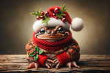 A festively adorned toad wearing a red and white Santa hat with mistletoe and holly berries, a snug red scarf, and red mittens. The toad is sitting on a wooden surface against a soft-focus background, adding a cozy holiday vibe.