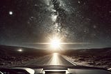 A view of a very bright light in the night sky from behind the window screen of a car.