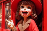 a red diorama of a jaunty brown-haired woman with a big mouth talking