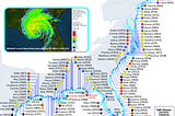 A colorful map of the US East Coast and Gulf Coast showing labeled hurricane landfalls between 1950 and 2023.