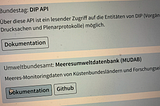 bund.dev Screenshoot mit APIs. Bundestag-API, Meeresumweltdatenbank-APi sind dargestellt