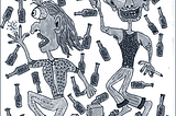 A drawing of two men, one holding a meat cleaver chasing the other who is missing part of a finger. They’re surrounded by beer bottles. DRAWING BY: Author