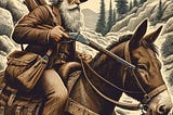 An old prospector holding a rifle is riding on his mule down a steep path full of boulders