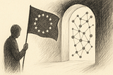 A man carrying a European Union flag to a door covered with nodes