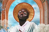 Digitized image of Oluwatoyin Salu with halo and heavenly backdrop