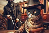 Image of a cat wearing a mask and hat, with a leather satchel around its neck. The cat is not armed and has gold coins and paper notes on the counter in front of him. He is being robbed by a footpad, who is also holding a long barrelled pistol. There is a stagecoach in the background. The highwayman is wearing a big hat, a scarf over his face, as well as a neck scarf for the dust. His dust jacket is dark brown.