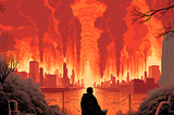 An illustration of a silhouetted seated individual looking at a burning skyline.