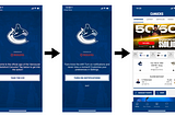 Three screenshots showing the Vancouver Canucks app’s onboarding process