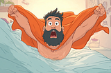 A bearded cartoon guy flying like a superhero (Harvey wallbanger)