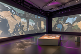 Image of museum interactive immersive space, with projection on walls and floors and interactive exhibits