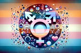 A cheerful image of a trans symbol with various gender diverse symbols and colours.