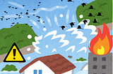 A caroonish image depicts a chaotic scene involving natural and man-made disasters. There are birds flying frantically in the sky, symbolizing distress. In the background, there are hills with waves of water rushing towards a house, suggesting a flood. On the right side, a building is on fire, indicating an emergency. A yellow warning sign with an exclamation mark emphasizes danger.