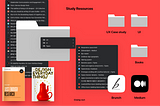 Graphic titled “Study Resources” at the top in black text on a vivid red background. Two dark lists of bookmark bar images mortise with grey folders, 3 folder says “UX case study”, “UI”, and “Books”. There are two apps, “Brunch” and “Medium”, right-bottom. Book “Just enough research” and “Design of everyday thing” are left-bottom.