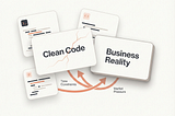 Illustration showing frontend clean code versus business reality using UI cards, trade-offs, and subtle imperfections in a modern SaaS design style.