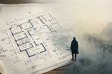 A detailed architectural blueprint curls at the edges on the left, its precise lines and annotations fading as it gives way to a vast, misty landscape on the right. A solitary figure in a long coat stands with their back to the viewer, poised at the threshold between the ordered plan and the open, fog-filled unknown.