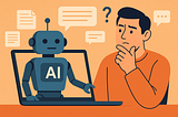 An illustrated man in an orange shirt sits thoughtfully at a table beside a laptop. Emerging from the screen is a friendly-looking blue robot labeled “AI,” surrounded by floating speech bubbles and document icons. The man appears curious and slightly puzzled, symbolizing the human-AI collaboration process in creative work.