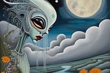 An alien being in a landscape of water and flowers under the moon in a cloudy sky