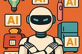 IMAGE: A cartoon-style robot stands with arms crossed, surrounded by everyday items like a toaster, fridge, lightbulb, and toothbrush — all labeled “AI” — against an orange background, suggesting skepticism toward overuse of artificial intelligence branding