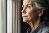 A mature woman looking out a window, worry on her face.