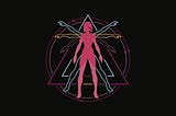 Leonardo Da Vinci-esque sketch of a pink adult human raising arms inside a circle, with additional background of a pink triangle